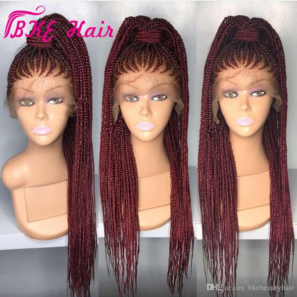  RDY Premium Ombre Burgundy Micro Braided Box Braids Wig with  Baby Hair Long Braiding Hair Synthetic Lace Front Wigs for Black Women 180%  Density 18 Natural Looking Replacement Wig 