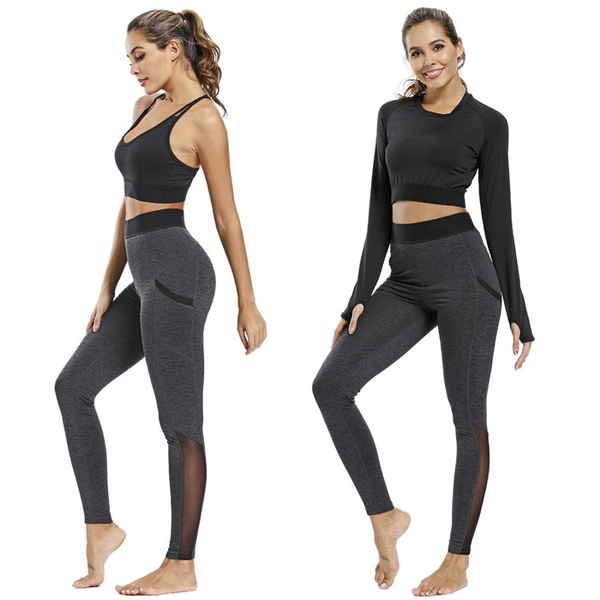 Women's Mesh Yoga Pants 2 Pockets Tummy Control Workout Running Capris  Leggings