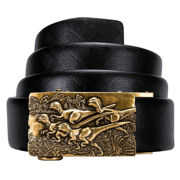 Vintage Gold Dinosaur Buckle Belt for Men Black Leather Waistband Ratchet Belt Cowboy Accessories