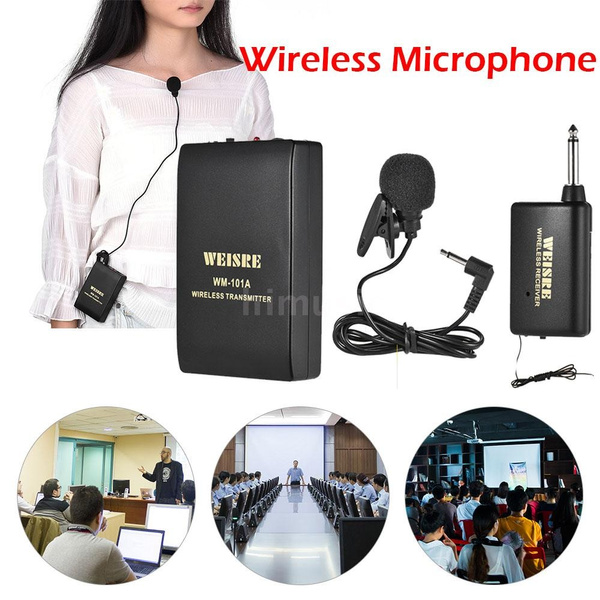 Portable Lavalier Lapel Collar Clip on FM Wireless Microphone System Voice Amplifier 1 4in Output Plug with Bodypack Transmitter Mini Mic Receiver for