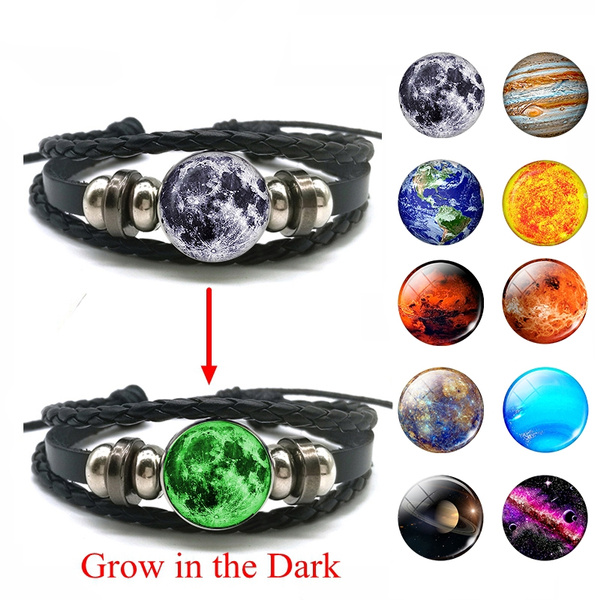 Luminous Earth Moon Solar Eclipse Black Leather Bracelet Glowing Jewelry  Bracelets Universe Sun Jupiter Bracelets Gifts