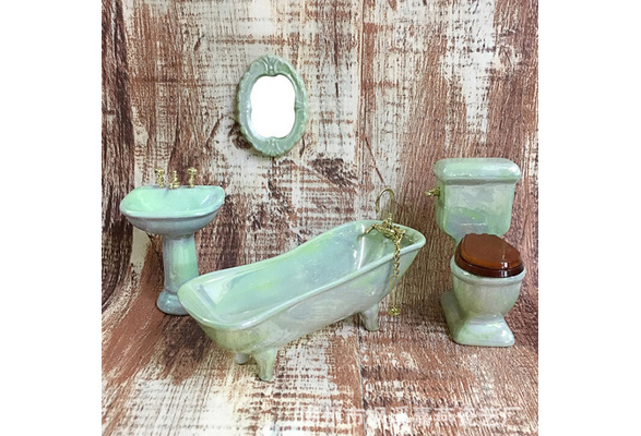 1:12 Dollhouse miniature green porcelain bathroom set toilet basin AIB