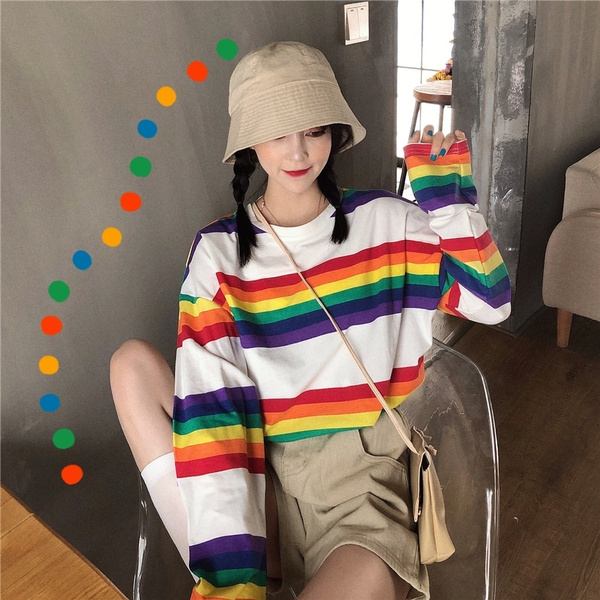 Autumn and Winter Korean Women's Rainbow Stripes Cute Clothes Long Sleeved  T-shirt for Teen Girls