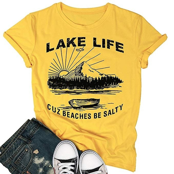The Lake is My Happy Place T Shirt Women Lake Life Shirt Summer Vacation Short Sleeve Casual Tee Top 