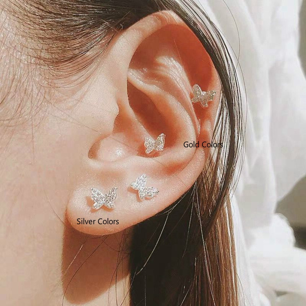 Romantic Butterfly Small Stud Earrings Women Girls Dating Design Zircon Earrings Silver 925 Jewelry