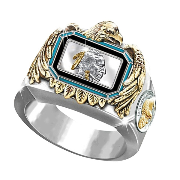 Elegant Mens Rings Two Tone Gold Indian Chieftain Ethnic Style
