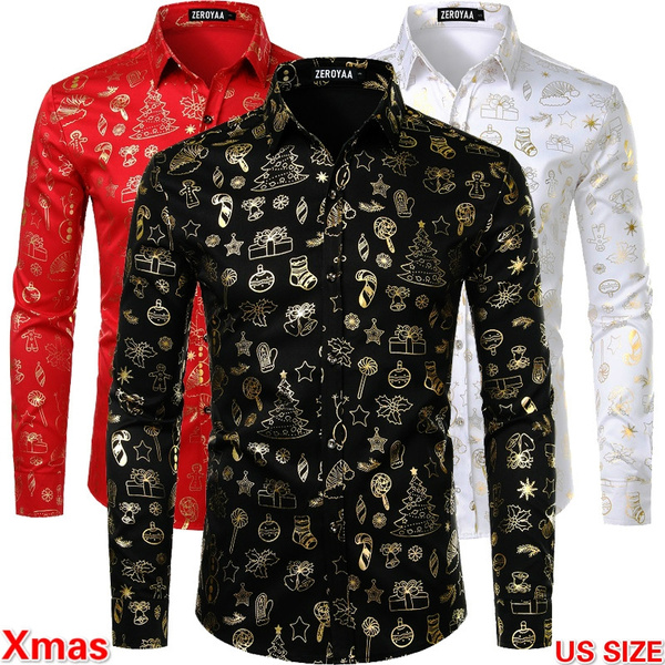 US SIZE 2020 New Year Christmas Mens Long Sleeve Shirts Xmas Shirts Mens Christmas Clothes