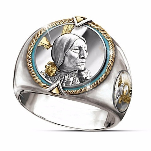 Sterling Silver Men Rings Two Tone Gold Indian Chieftain Honoring