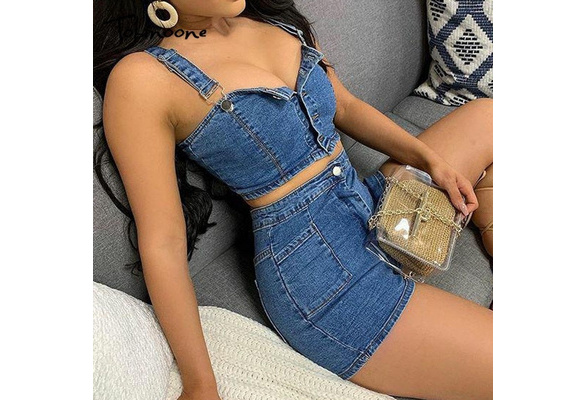 2023 Summer New Style Women Denim Two Pieces Sets Short Bra Tops With Bows  + Big Hem Skirt size S Color Only Tops