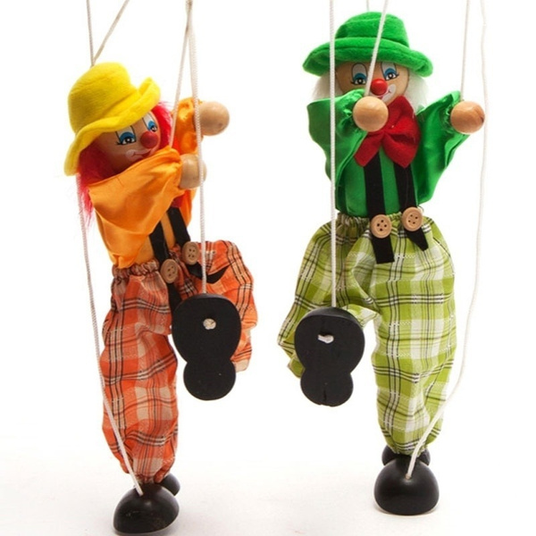 Pull String Puppet Clown Marionette Wooden Toy Joint Activity Doll Vintage Child 