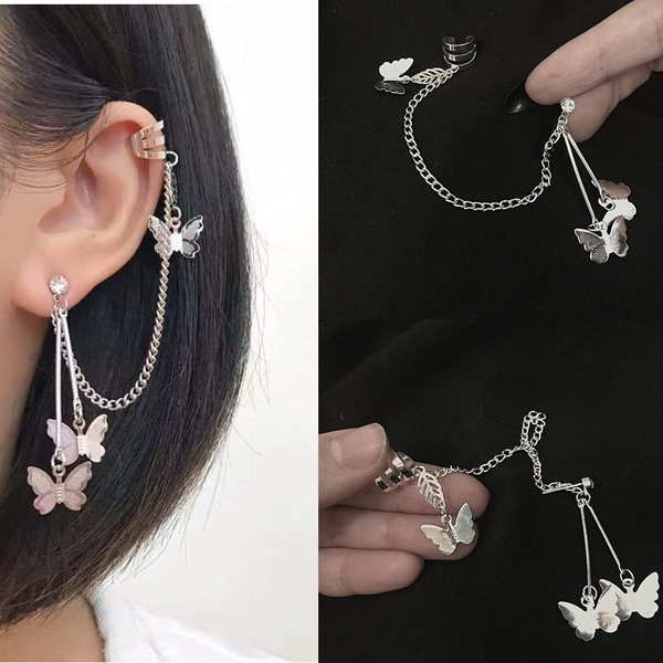 Unique Silver Chain Cuff Earrings Wrap Tassel Ear Stud Long Drop Dangle  Earrings for Women Girls Butterfly Earrings Jewelry | Wish