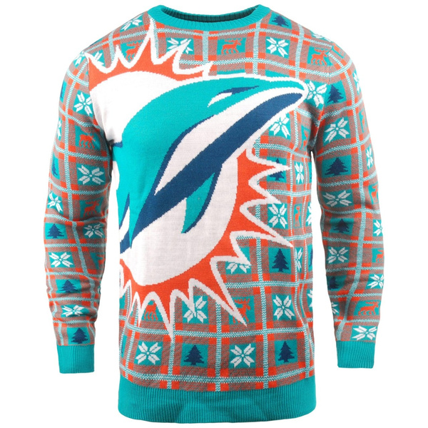 Miami Dolphins Logo Knitted Snowflakes Pattern Ugly Christmas Sweater -  Banantees