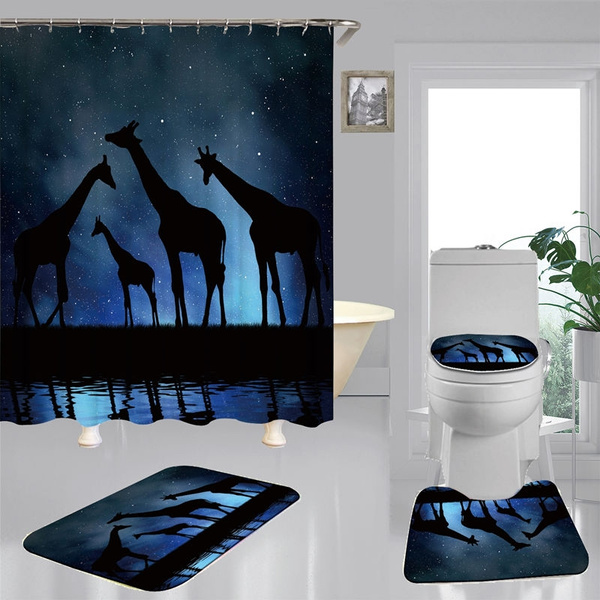 Starry Night Giraffe Shower Curtain Bath Mat Toilet Cover Rug Bathroom Decor Set 