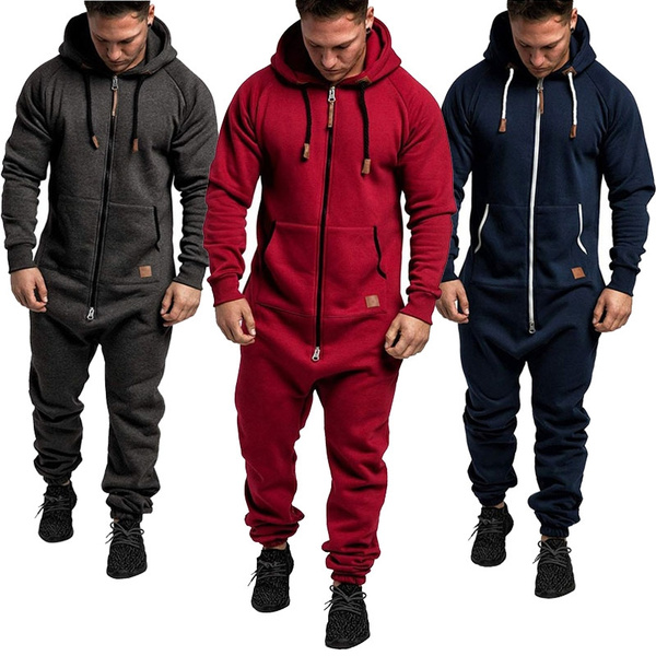 Details about   2021 Men's Sports Hooded Fleece Jumpsuit Solid Color Matching Casual Zipper Suit 