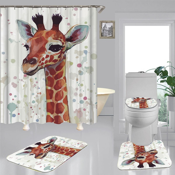 Giraffe Shower Curtain Bath Mat Toilet Cover Rug Bathroom Decor