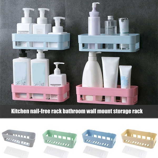 Shelf Organizer Wall Mounted Nailless Shower Corner Bathroom Kitchen Storage Holder Rack Wish