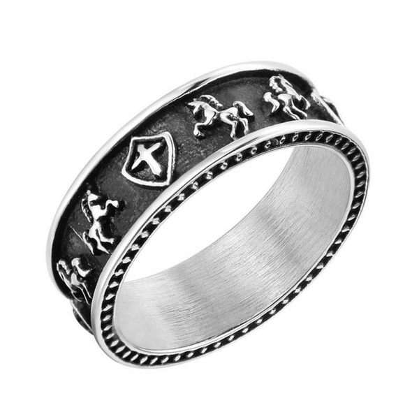 Personalized Vintage Classic Gothic Cross Knight Shield Ring Punk Rock  Titanium Steel Horse Design Retro Ring For Men Women Hip Hop Jewelry | Wish