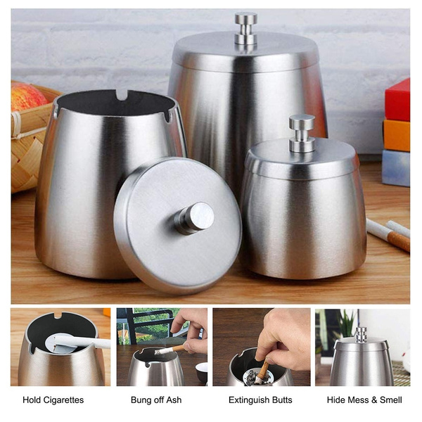 Outdoor Ashtray with Lid for Cigarettes Stainless Steel Windproof Rainproof