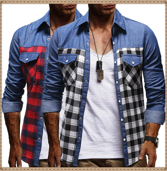 Gentlemen Denim Shirts US Size:M-3XL Men Casual Plaid Patchwork Panel  Button Down Denim Shirt Top Blouses