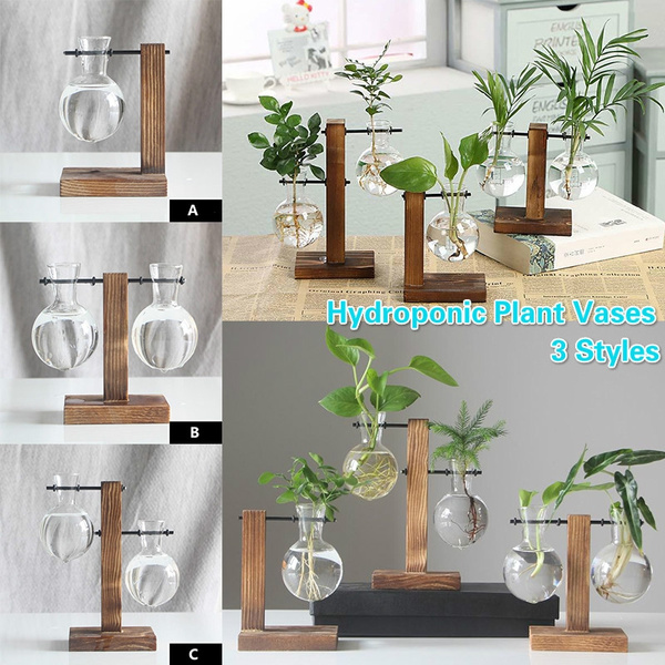Table Bulb Glass Hydroponic Vase Flower Plant Pot Wooden Tray Office Decor Super