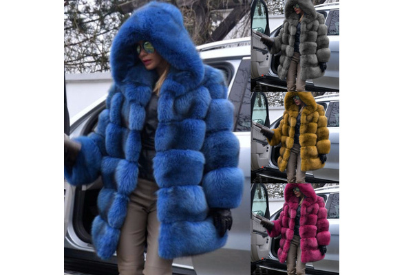 Luxury Faux Fur Coat Women Plus Size Winter Clothes Fluffy Cardigan with  Hood Warm Cozy Jackets Fashion Outerwear 