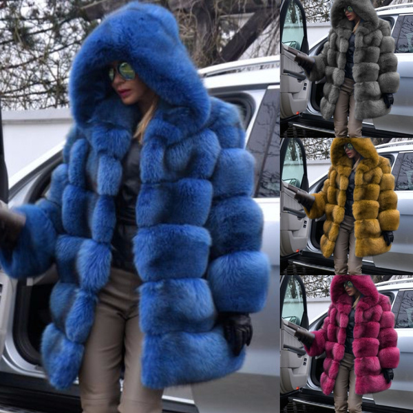 Women Fashion Winter Warm Cardigan, Blue Faux Fur Coat Plus Size
