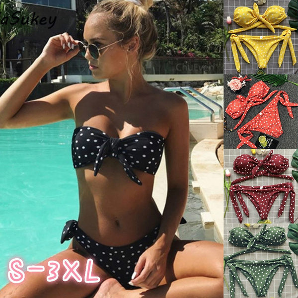 5 Color Women Fashion Strapless Polka Dot Print Bow Tie Cute Bikini Two  Piece Set Plus Size Swimwear for Women