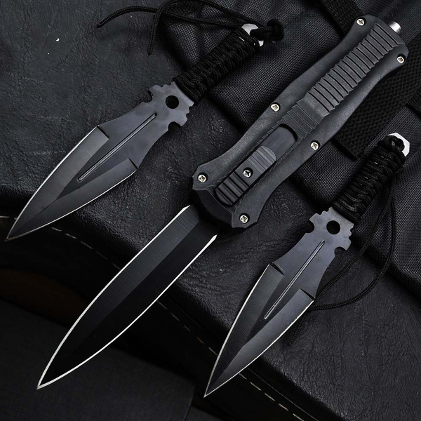 OTF Knives Set , Out The Front Automatic Knives Assassin Hidden Knife ,  with Two Combat Ninja Throwing Knives Set