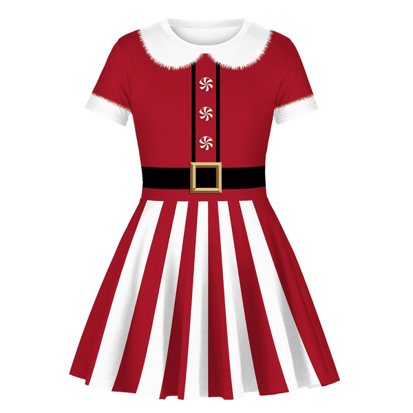 New Fashion Red White Striped Dress Christmas Short Sleeve Dress for Girls Clothing Kids Dresses