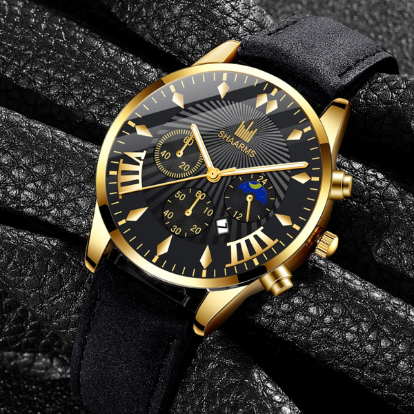 SHAARMS New Mens Luxury Watch Leather Strap Quartz Analog Watch Mens  Calendar Date Watch Christmas Gift Montre Homme