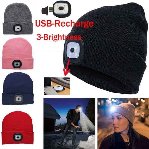 Unisex LED Beanie Hat With USB Rechargeable Battery 5 Hours High Powered Light 