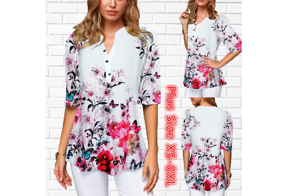 Plus Size XS-8XL Ladies Loose T Shirt Lapel Floral Printed Long