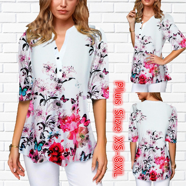 Women Plus Size Elegant Floral Print V Neck Long-sleeve Blouse