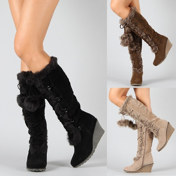Womens Winter Warm Knee High Boots Wide Calf Wedge Heel Snow Boots