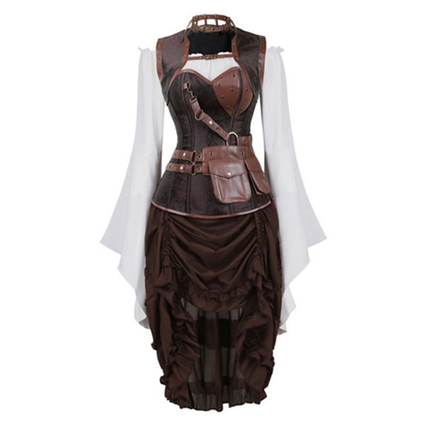 Steampunk Corset Dress 3 Piece Outfits Bustiers with Skirt and Blouse
