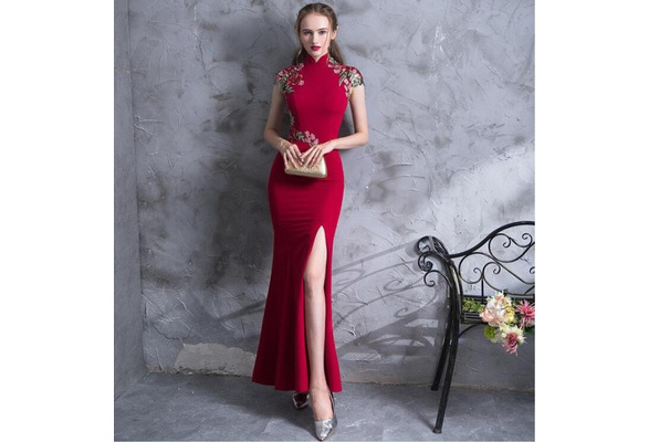 TeresaCollections - Embroidery Modern Cheongsam Red Sexy Qipao Long  Traditional Chinese Dress