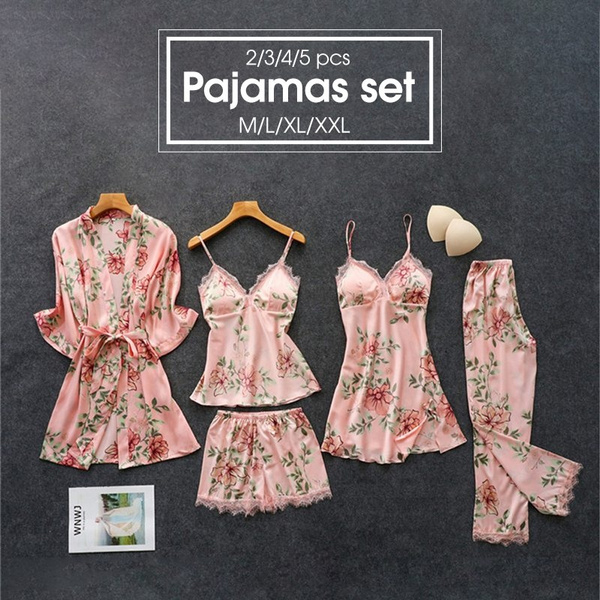 2 3 4 5 Pcs Women S Pajamas Silk Floral Overall Print Pajama Set Satin Pyjamas Sexy Lace Pyjama Nightie Sleepwear Home Clothes Wish