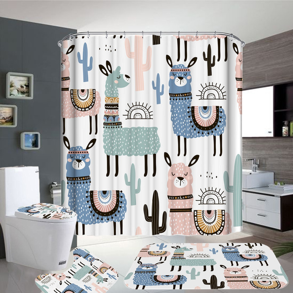 Lovely Cartoon Alpaca Bathroom Set Non Slip Bah Mats Set Rugs Carpets Toilet Seat Cover 180x180cm Waterproof Polyester Shower Curtain Wish