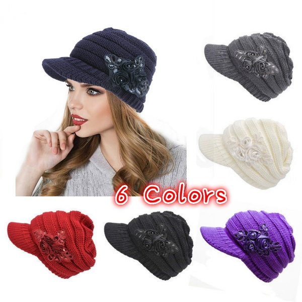 New Fashion Women's Cable Knit Visor winter Warm Flower Design Multi-Color Hat 