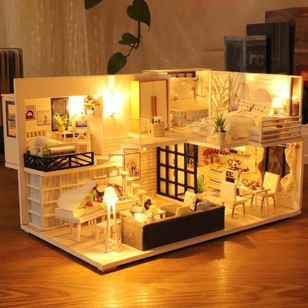 Yinuoday Dollhouse Miniature Kit with Furniture DIY Wooden Dollhouse with LED DIY Mini Doll House Plus Dust Proof and Music Movement DIY House Kit for Adults and Teens 