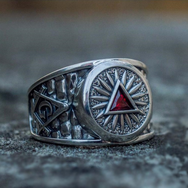 Triangle Eye of Providence Freemason Red Crystal Rings Mens Stainless Steel... 