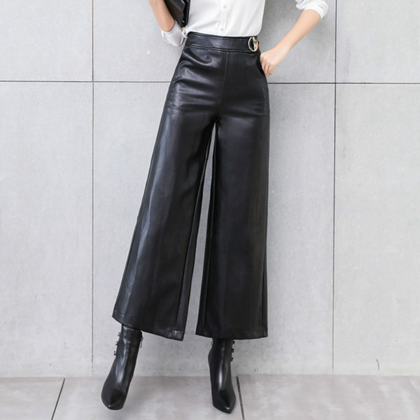 Women Casual Wide Leg Trousers PU Faux Leather Ankle Pants Elastic