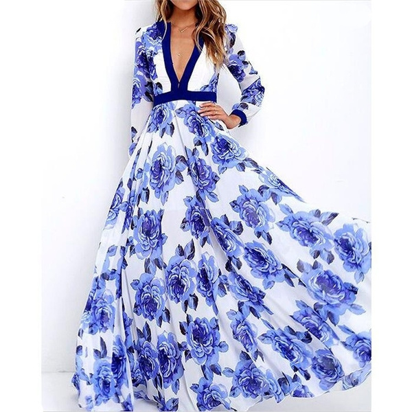 Womens Autumn Maxi Dresses New Arrival Ladies Long Sleeve V-Neck Floral  Print Loose Chiffon Big Swing Dress