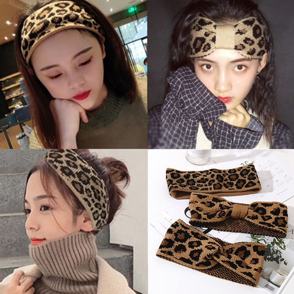 Fashion Knitted Headband Leopard Headwear Crochet Head wrap Bowknot Turban