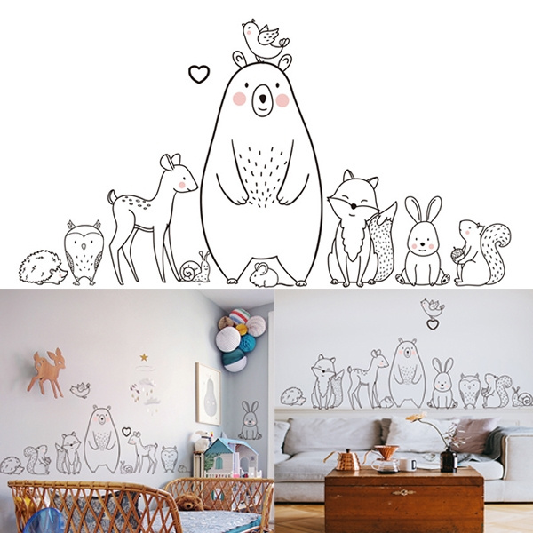 Cartoon Nursery Decals Sticker Shy Baby Room Creative Bear Fox Animal Wall