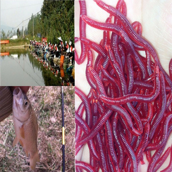 50PCS Red Earthworm Soft Worm Fishing Lures Bait Hooks Baits Tackle Crankbaits 