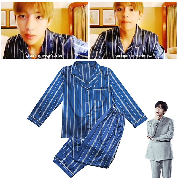 KPOP Kim TaeHyung V Same Style Stripe Blue Pajamas Tops+ Pants