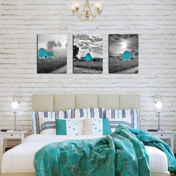 White Country Rustic Cabin Wall Art, Black And White Teal Wall Decor
