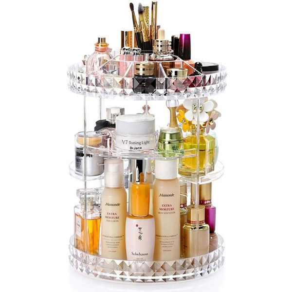 Enasui Acrylic Makeup Organizer Cosmetic Storage And Vanity Perfume Organizers In Countertop Bathroom Dresser 360 Rotating Makeup Holder Stand For Beauty Caddy Skincare Clear Diamond Pattern Wish