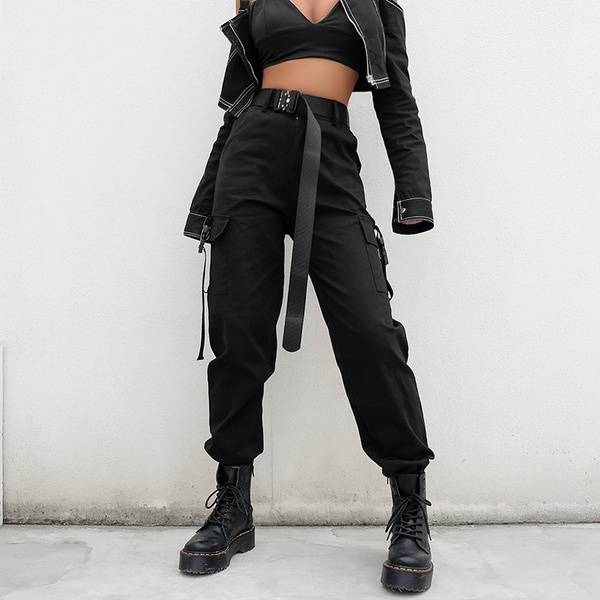 Streetwear Cargo Pants Women Casual Joggers Black High, 50% OFF
